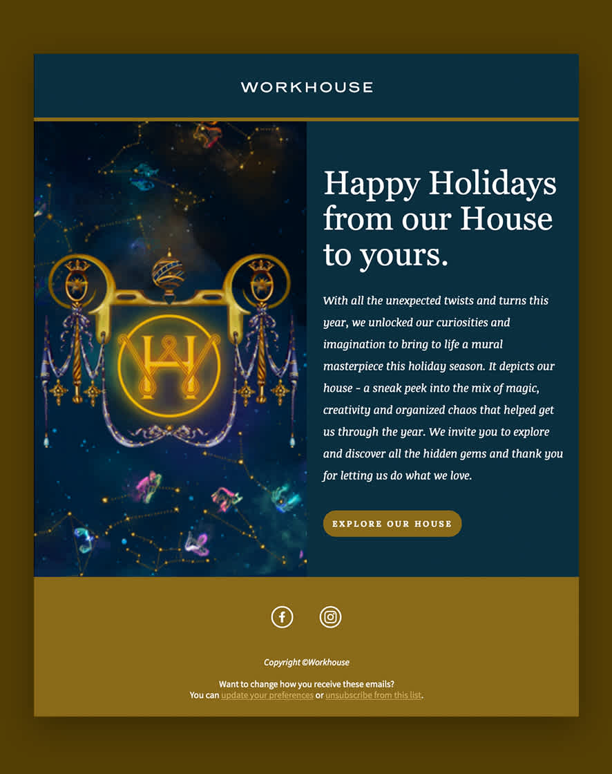 A view of our Mailchimp marketing campaign email encouraging users to check our the Workhouse's 2020 Holiday mural.