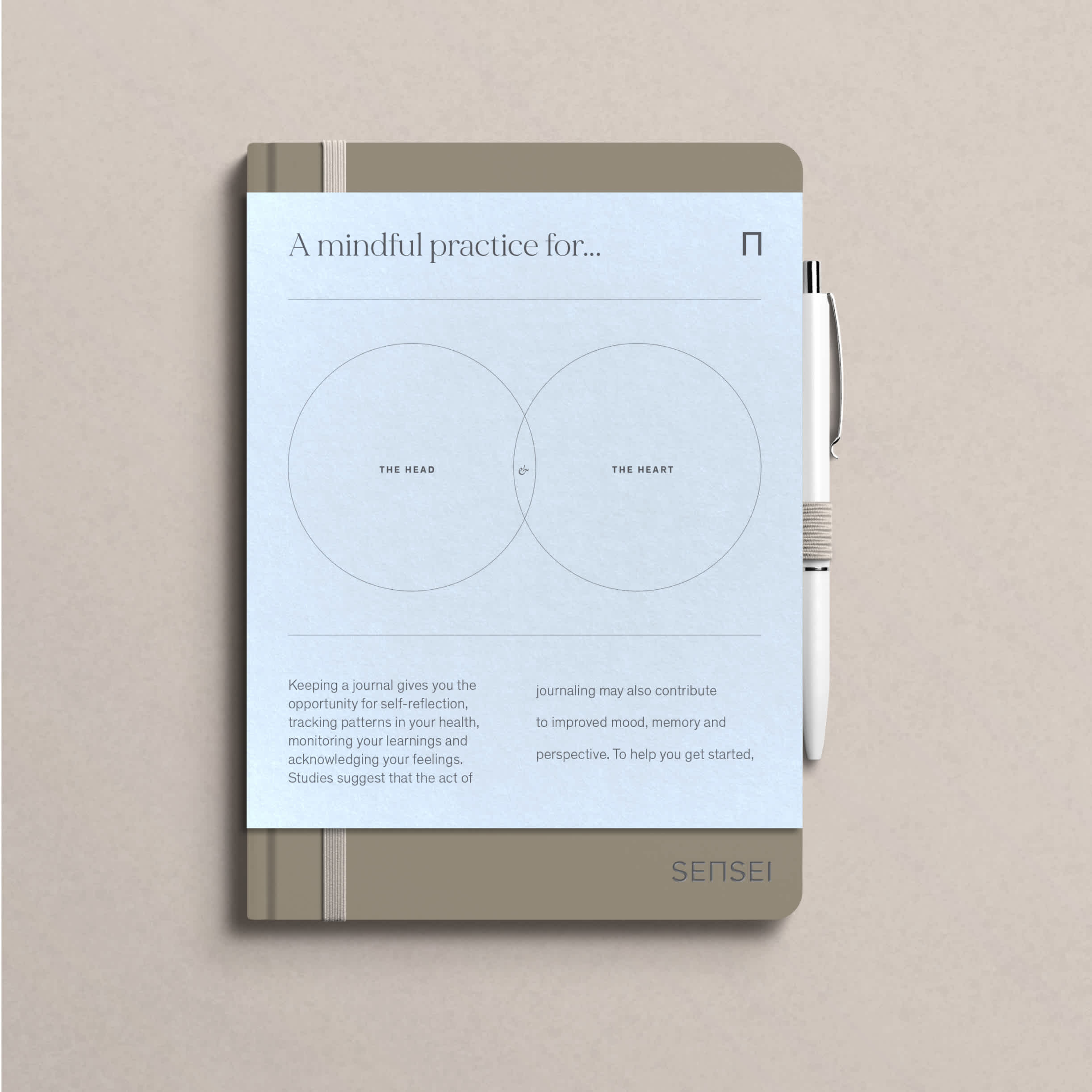 Unveil the clarity of thoughts and emotions with Sensei's sophisticated journal, a tool designed to foster a mindful practice. This image features the journal open to a page with a Venn diagram titled 'THE HEAD' and 'THE HEART', encouraging the integration of intellect and emotion. Accompanied by a pen, the layout invites users to explore self-reflection, track patterns in health, and acknowledge feelings for improved mood and perspective. Ideal for mental health awareness campaigns, wellness programs, or personal development initiatives, this image captures the essence of mindful journaling as a path to balance and self-awareness.