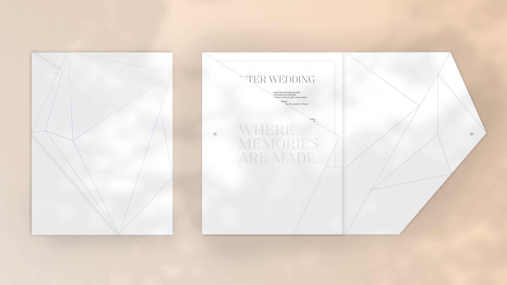 A kit folder made for Paradise Banquet Halls showing the cover on the left and the opened folder on the right showcasing the unique angles resembling the gemstone motif shared throughout their branding. 