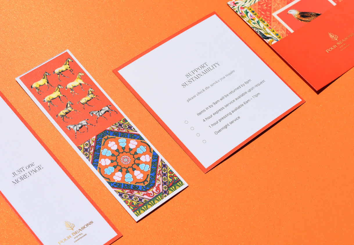 Four Seasons Hotel Hampshire On-Property Collateral - Orange Cards Beautiful Orange Cards displayed in line