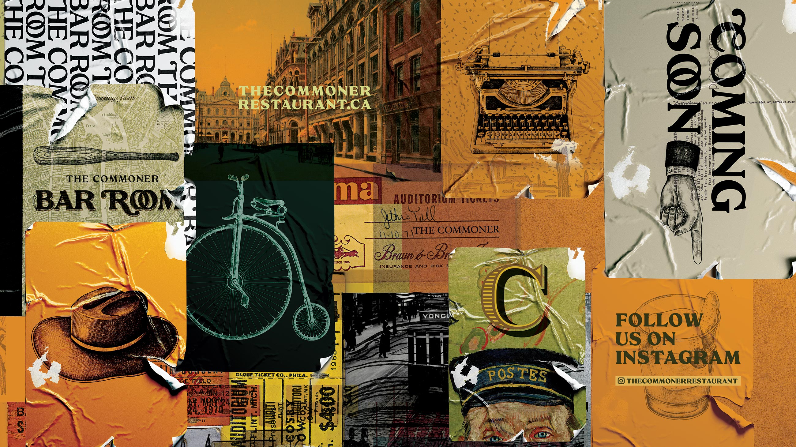 The branded hoarding on the side of The Commoner restaurant windows showing their brand, social media, colours, logo, and photography. 