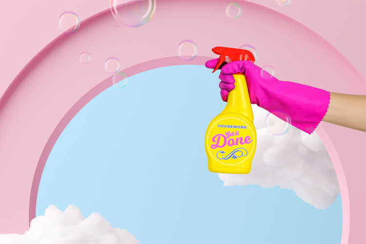 An arm with a magenta rubber glove and a spray bottle in front of clouds, bubbles and pink arches in a pop-art style.