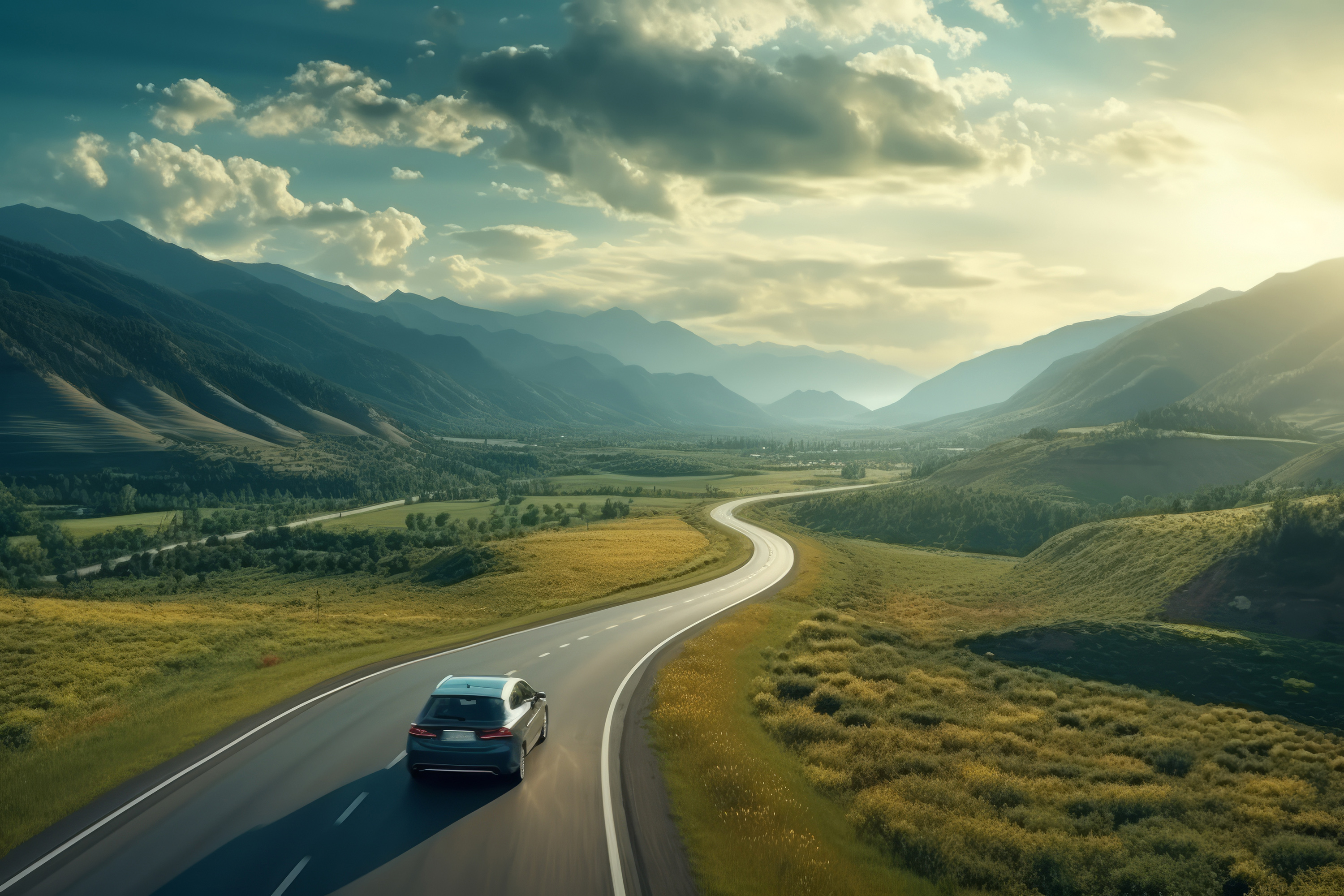 A view of a car moving swiftly down an open road shows how you can confidently drive with run-flat tires that you can get with lease-to-own.