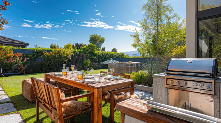 A scenic view of a backyard shows how people can enjoy patio furniture and grills outside.  