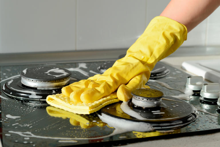 A close-up view of a person cleaning their kitchen appliances shows the importance of cleaning your home. 