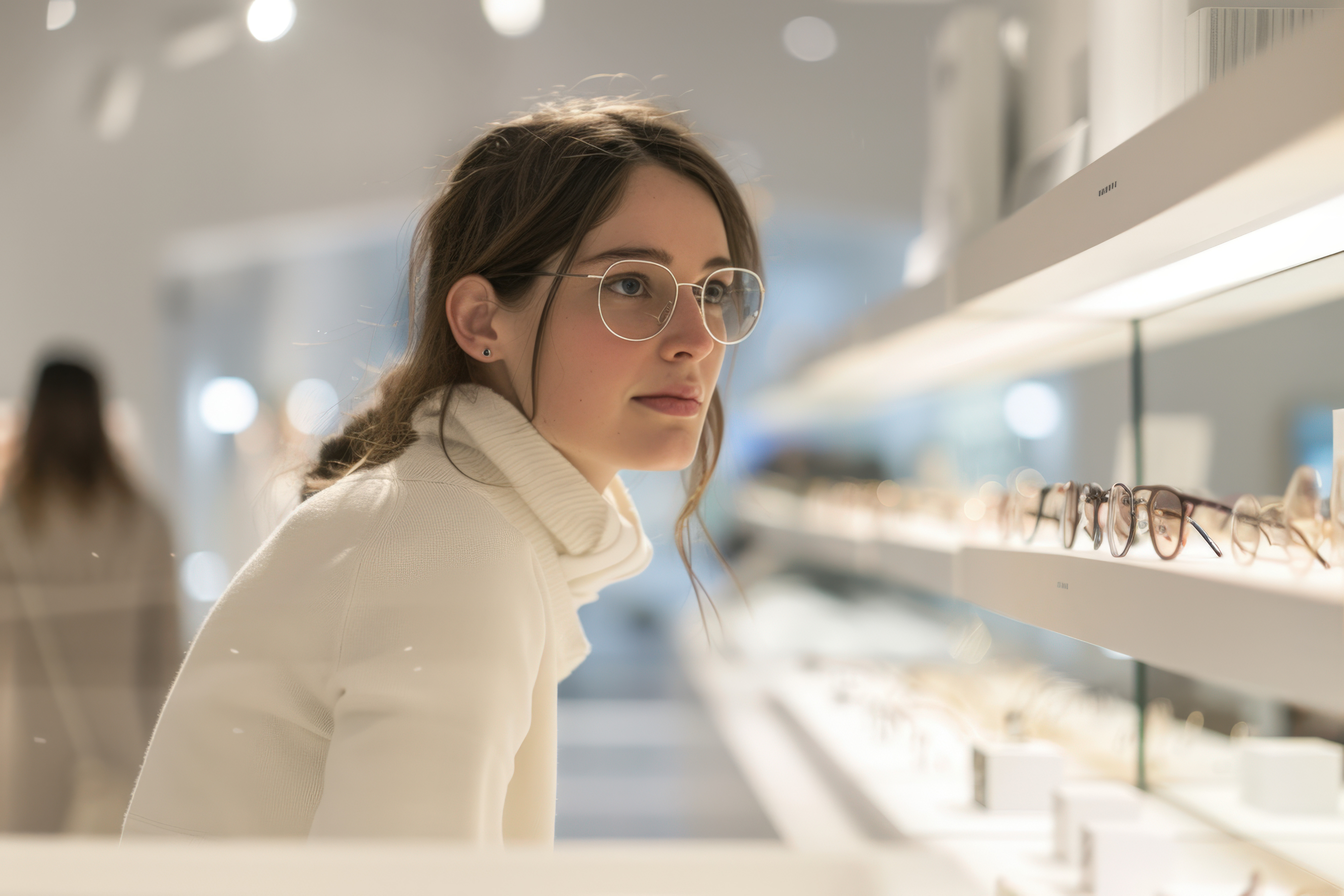 A young woman happily considering eyewear frames in a store, highlighting the convenience of using Acima Leasing for in-store shopping.