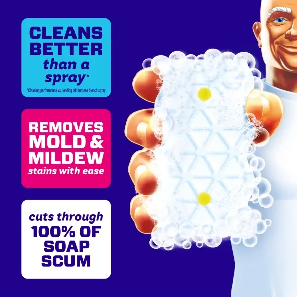 Mr. Clean Bath Magic Eraser highlighting effective stain removal, soap scum elimination, and cleaning performance