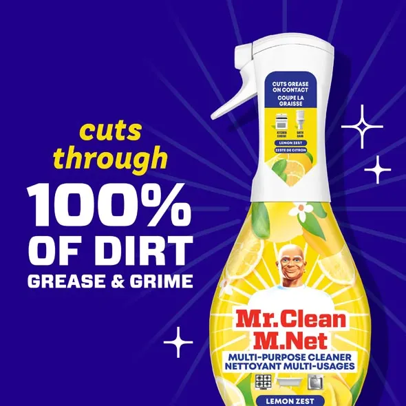 Mr. Clean Multi-Purpose Spray cuts through dirt, grease, and grime for effective cleaning