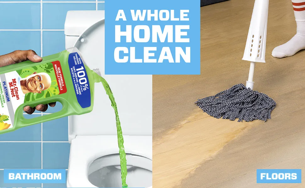 Multi-Surface Cleaner with Gain Original Fresh Scent, cleaning the toilet and the floor, Cuts Through Dirt