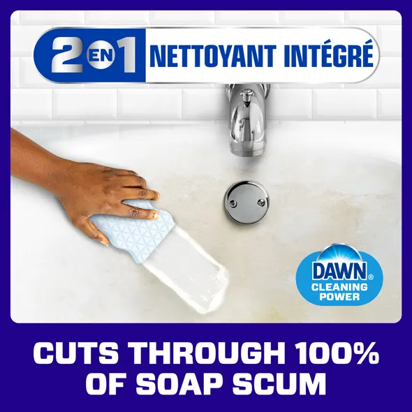2-in-1 built-in cleaner Magic Eraser used on a bathtub surface to eliminate soap scum effectively