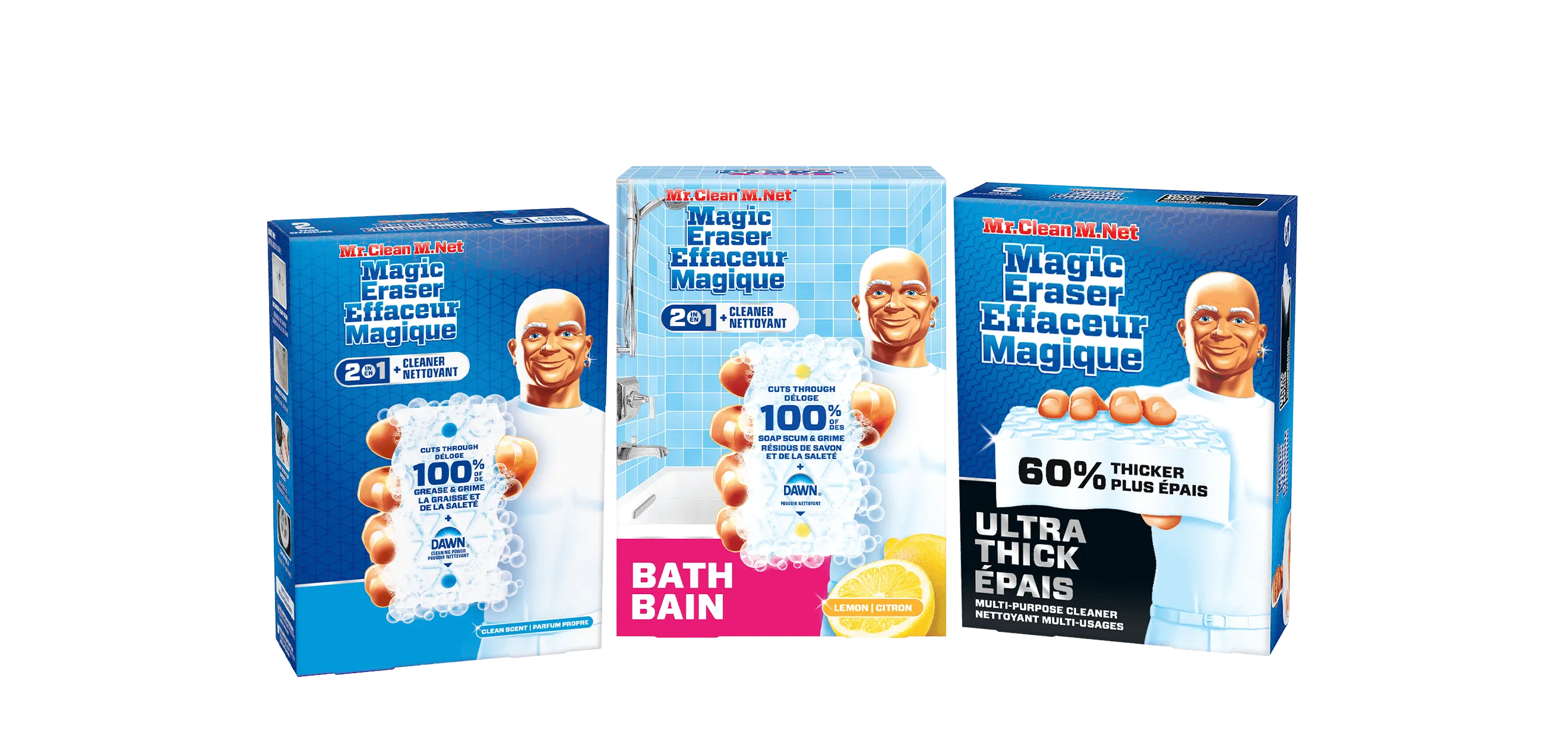 Three Mr. Clean Magic Eraser products side by side