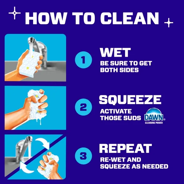 Cleaning instructions for Mr. Clean Magic Eraser featuring three steps: wet, squeeze, and repeat