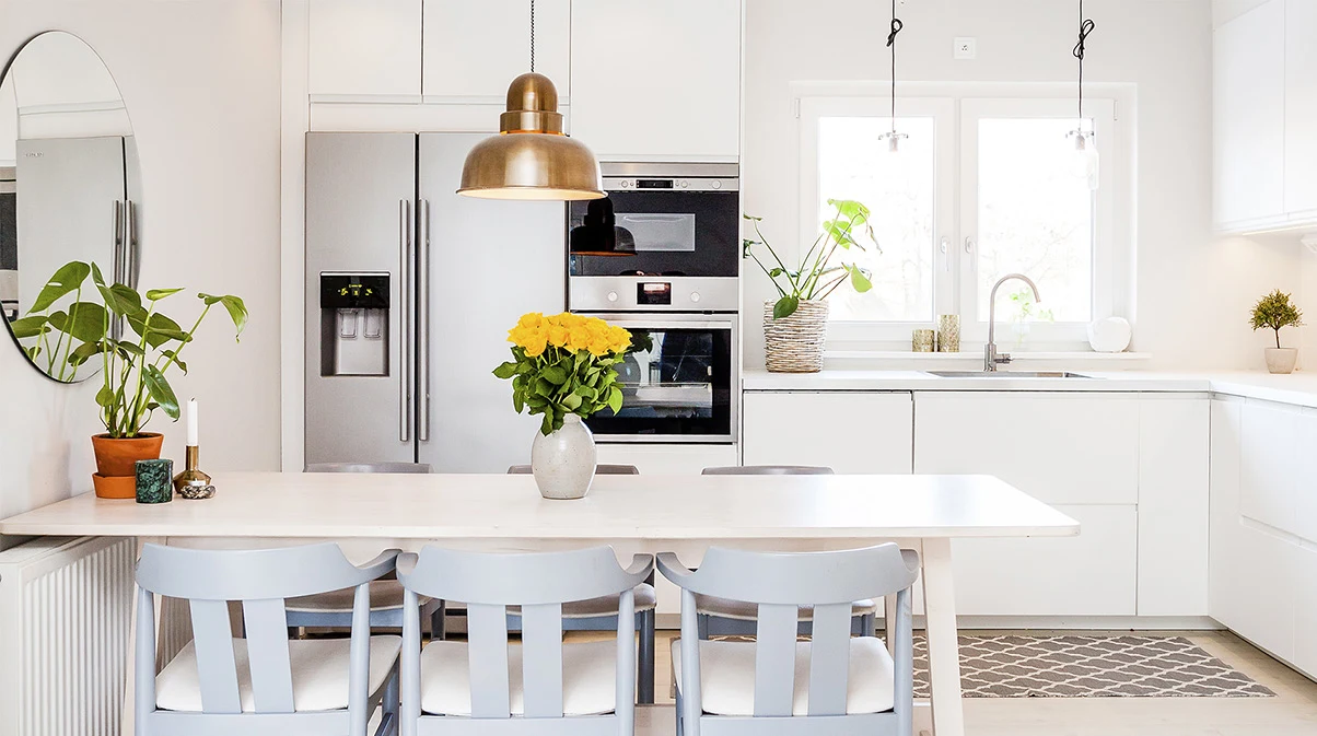 A modern, well-lit, kitchen
