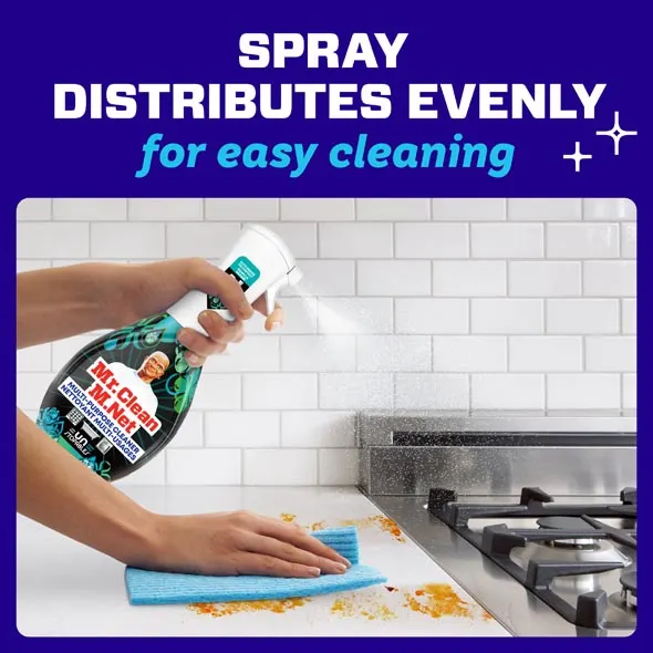 Mr. Clean Multi-Purpose Spray bottle being used on a kitchen countertop for easy and effective cleaning