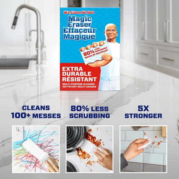 Mr. Clean Magic Eraser packaging highlighting cleaning power and durability