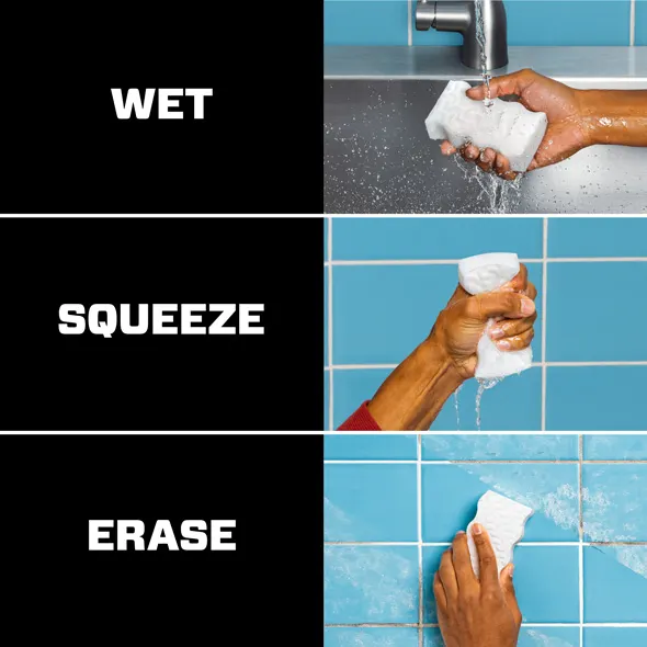 Instructions for using a Magic Eraser, illustrating the steps: wet, squeeze, and erase
