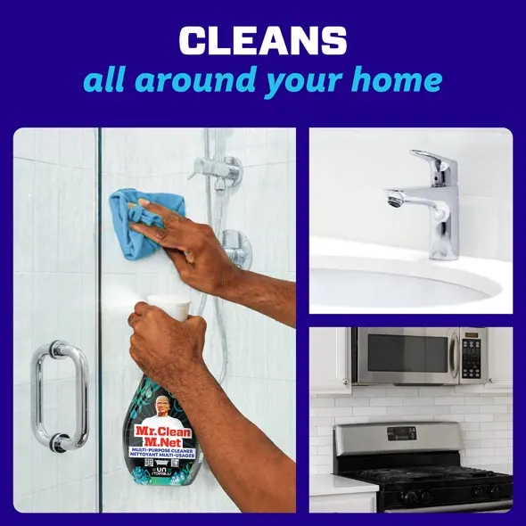 Hands cleaning a bathroom shower with a blue cloth, showcasing Mr. Clean Multi-Purpose Spray cleaner bottle