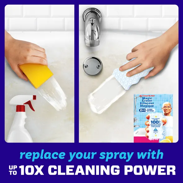 Cleaning comparison showcasing a sponge versus a Magic Eraser with products and benefits highlighted for effective use