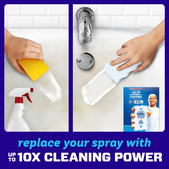 Cleaning comparison showcasing a sponge versus a Magic Eraser with products and benefits highlighted for effective use