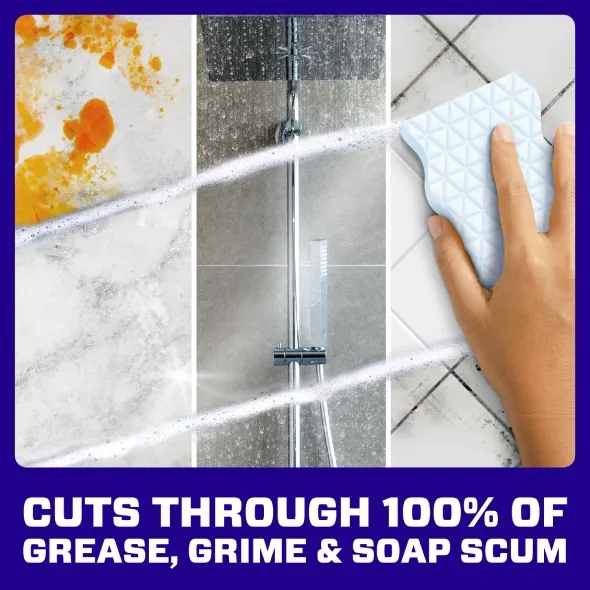 Mr. Clean Magic Eraser effectively removing grease, grime, and soap scum from various surfaces