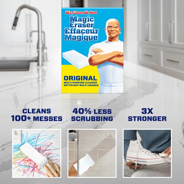 Mr. Clean Magic Eraser packaging with benefits like 100+ messes cleaned and 3X stronger performance