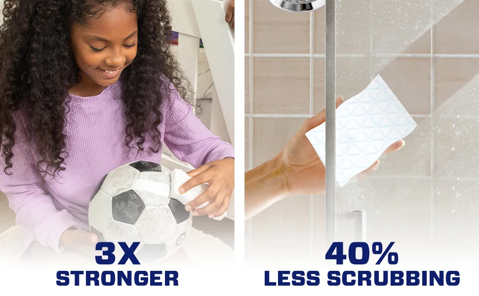 Mr. Clean Magic Eraser Original, cleaning grime from shower glass and dirt from a ball