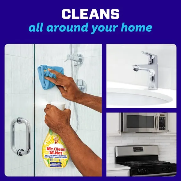 Hands cleaning a bathroom shower with a blue cloth, showcasing Mr. Clean Multi-Purpose Spray cleaner bottle