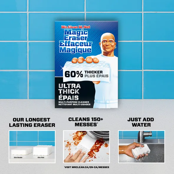 Mr. Clean Magic Eraser packaging showcasing its ultra-thick design and cleaning capabilities against a blue tiled background