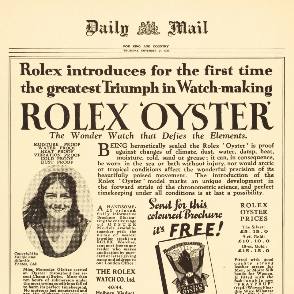 The newspaper advert that Wilsdorf put in the Daily Mail in 1927