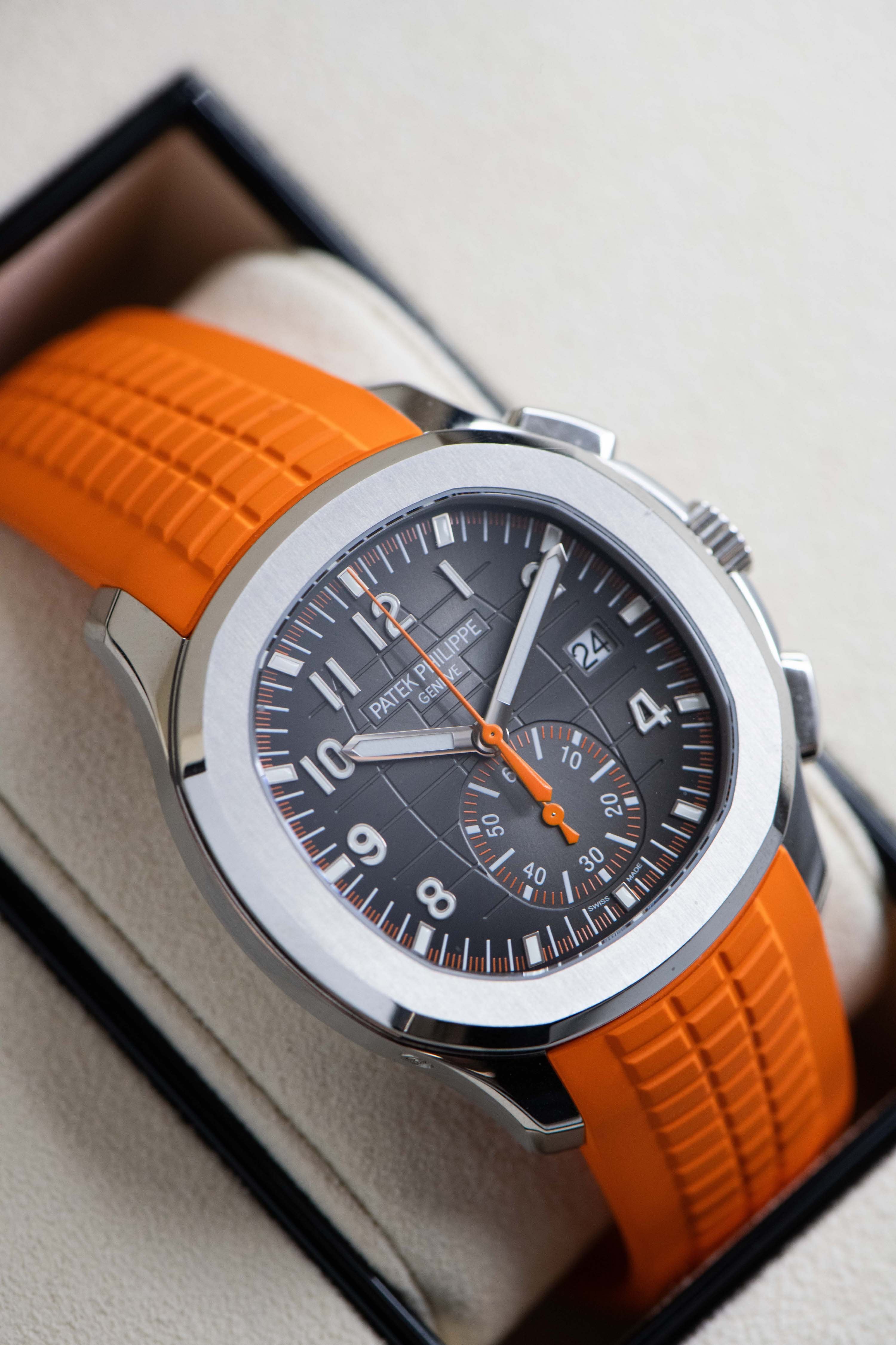 This latest-gen reference 5968A taps into the Aquanaut’s go-anywhere do-anything personality by incorporating a chronograph into its construction. 0