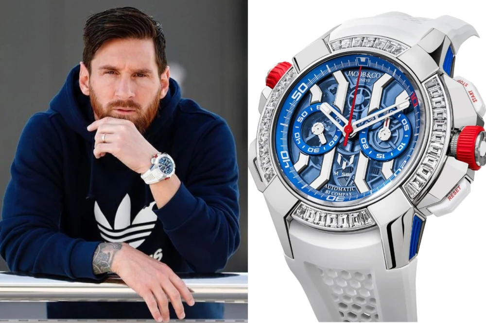 Lionel Messi wearing a Jacob & Co. Epic X Chrono Messi White Gold Titanium And Baguette EC423.32.OE.LL.J
