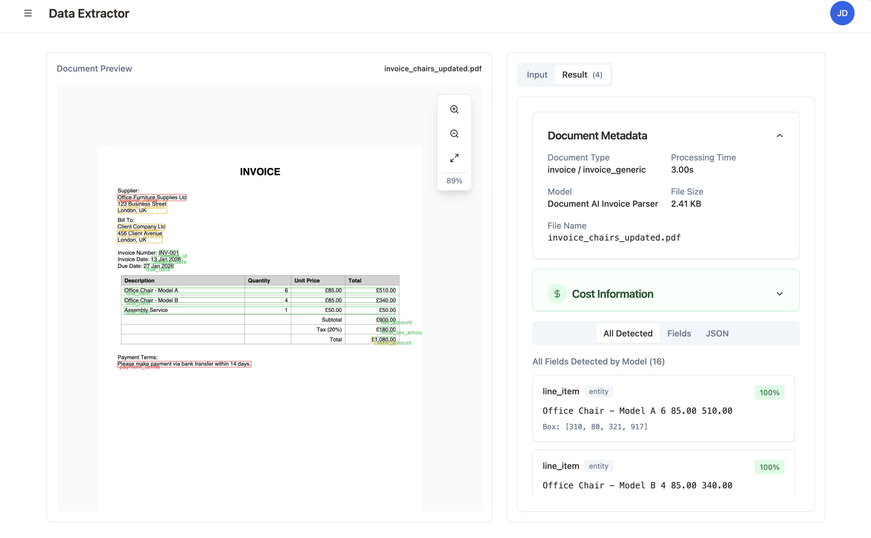 Document data extraction system interface