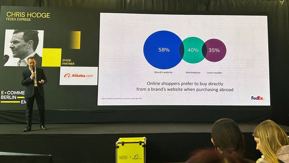 Chris Hodge presentation at E-Commerce Berlin 2024: online shoppers preferences when purchasing abroad