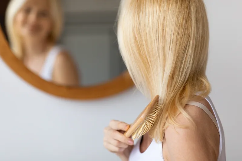 Woman brushing her hair looking in the mirror