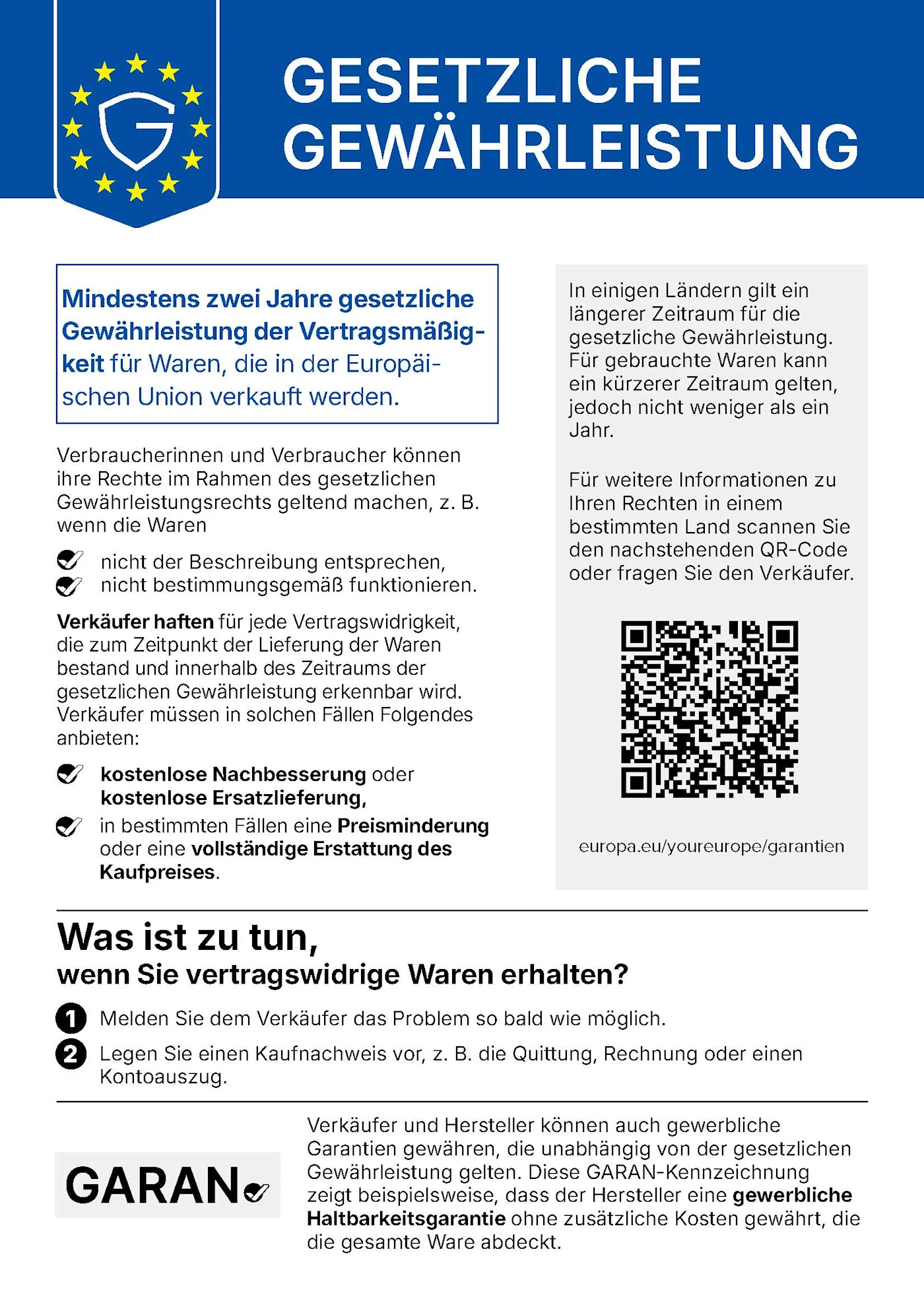 Gesetzliches EU-Gewährleistungslabel: Hinweis auf die gesetzliche Gewährleistung von mindestens zwei Jahren