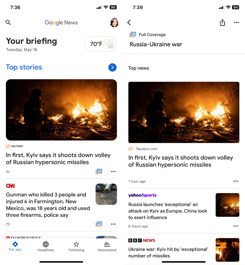 Google News, our pick for the best free news app for a wide range of articles