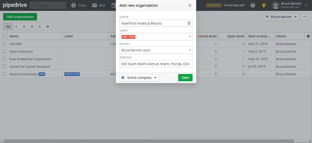 Adding a new organization in Pipedrive CRM