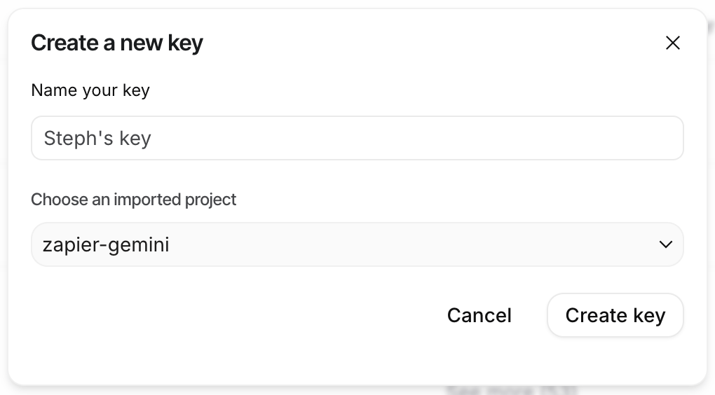키 이름 및 프로젝트 필드를 포함하여 새 API 키를 생성하기 위한 대화 상자 "취소" 그리고 "키 생성" 단추