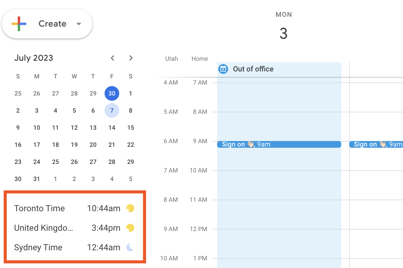 Three world clocks below the mini calendar in Google Calendar. 