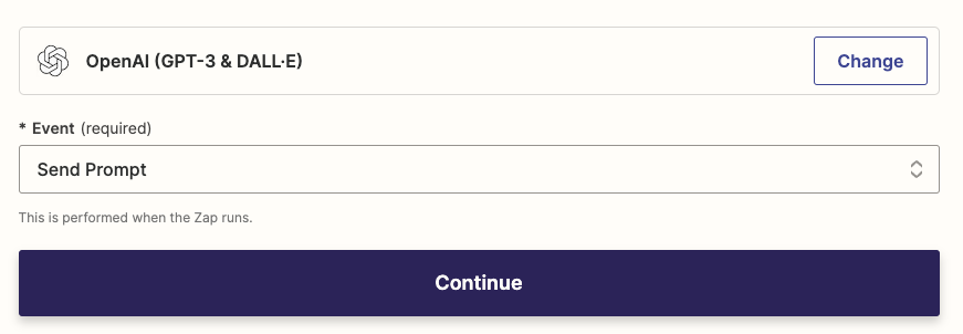 Select OpenAI and the Send Prompt event for this step's action.