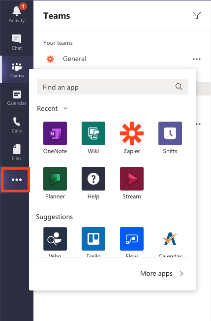 A screenshot of a Microsoft Teams workspace with a red box highlighting where to find the app directory.