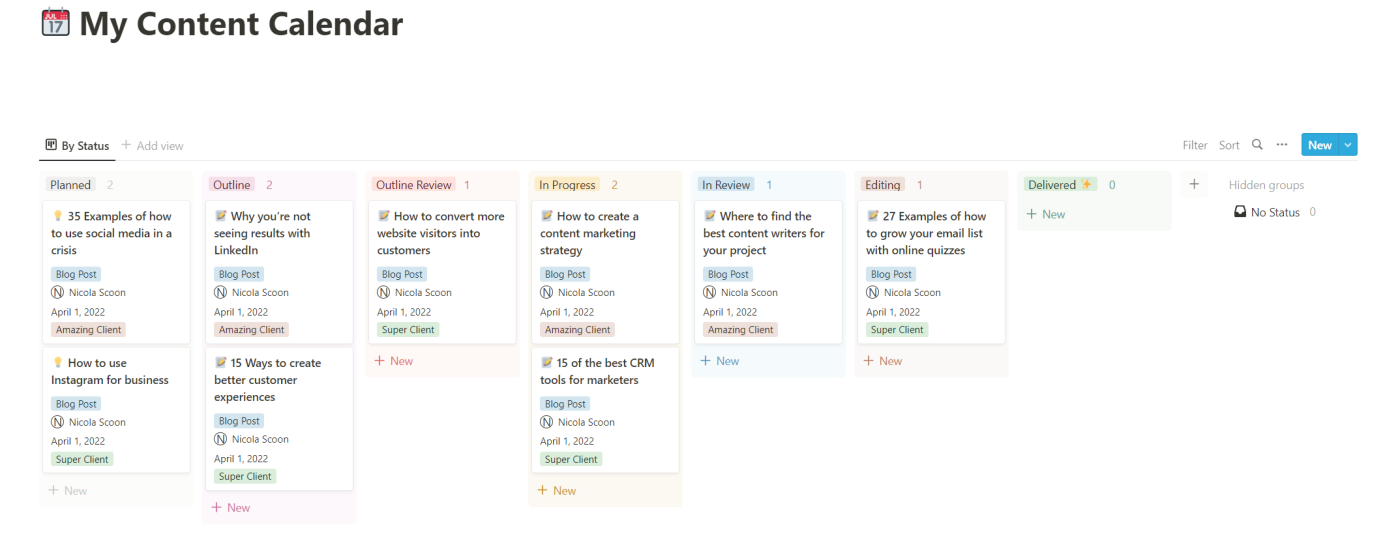 A content calendar in Notion
