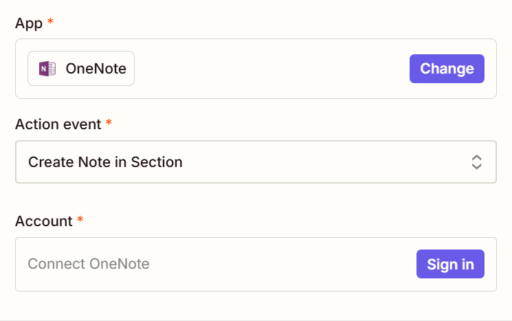 A window showing configuration options for connecting OneNote to Zapier