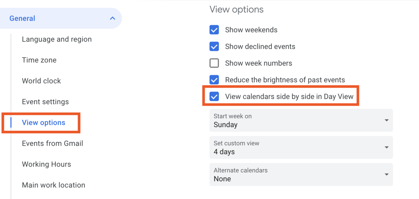 The View options section of a Google Calendar Settings page. 