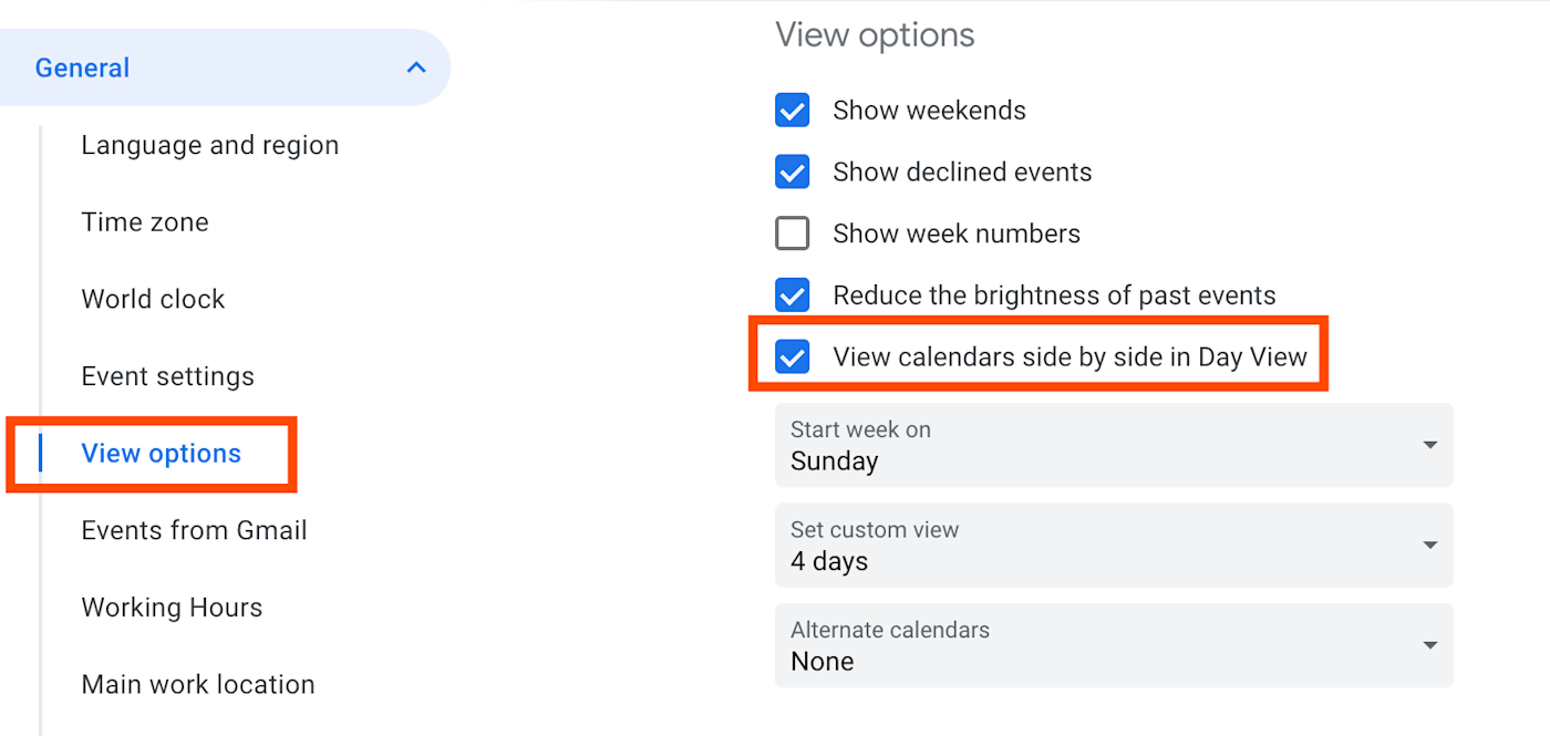 The View options section of a Google Calendar Settings page. 