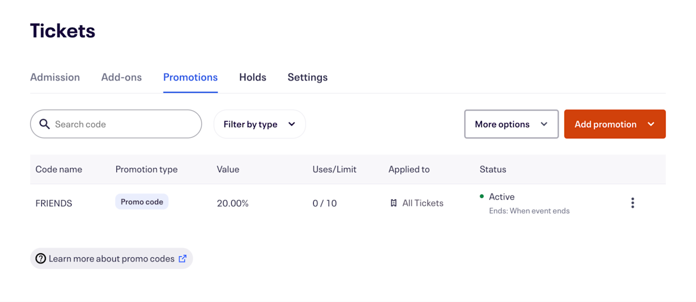 The Promotions tab in Eventbrite