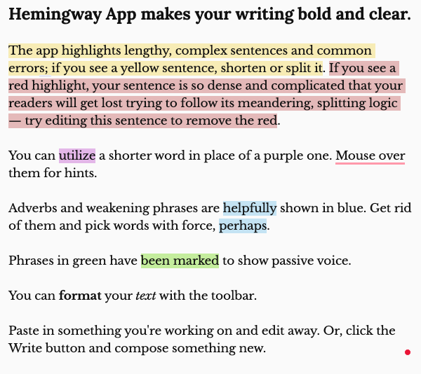 A written paragraph, describing how the Hemingway app works. Various colored highlights indicate different mistakes Hemingway catches in writing. 