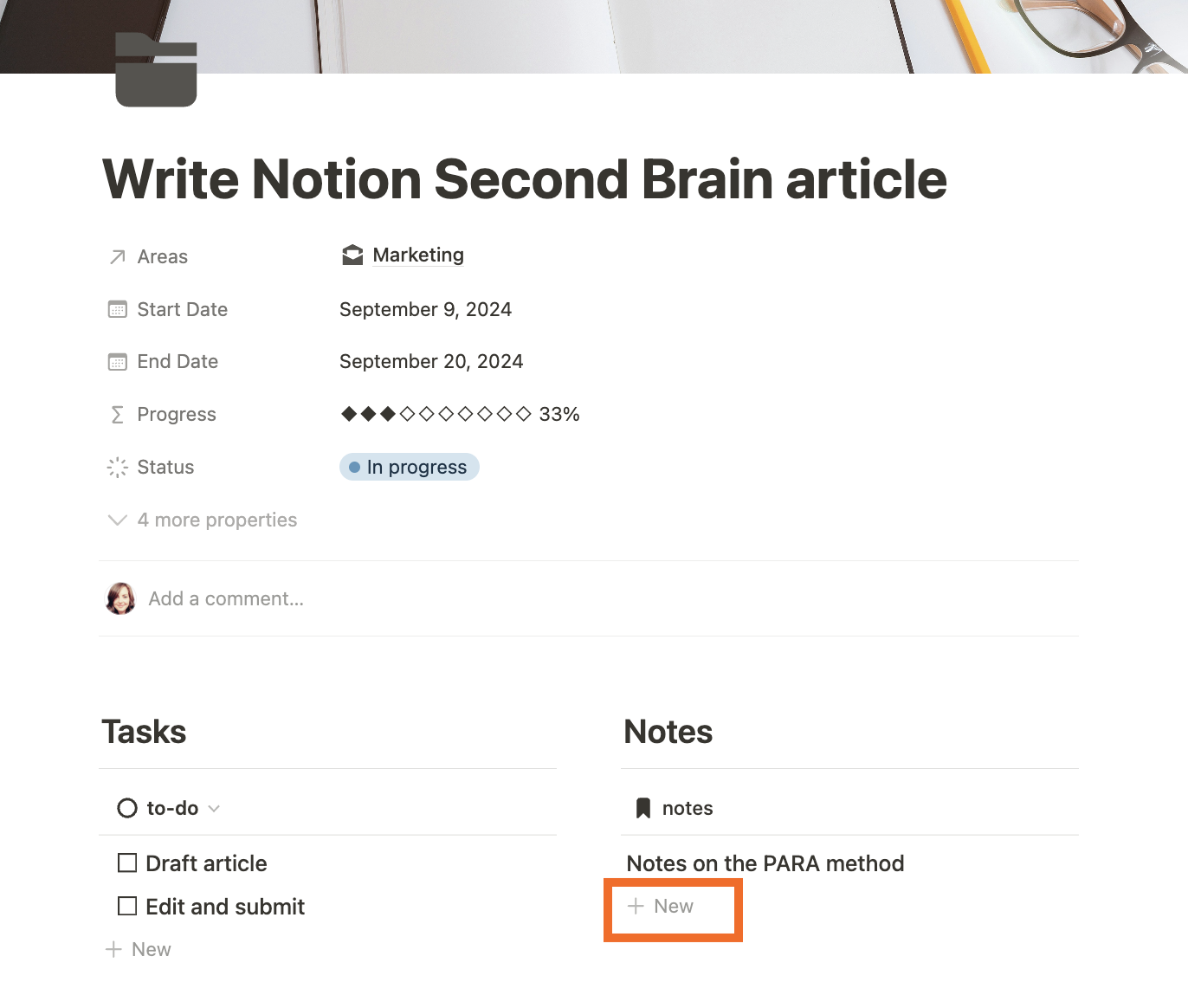 A project in the Notion second brain template, with "+New" (an option for adding a new note) highlighted.