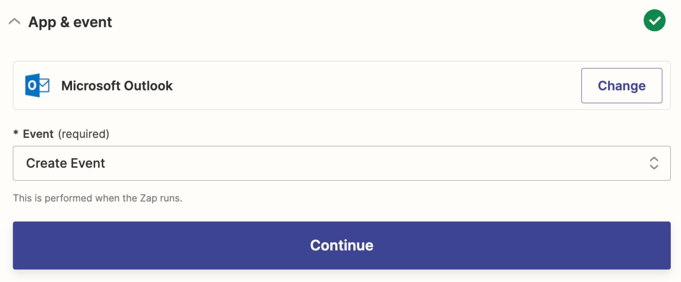 An action event in the Zap editor with Microsoft Outlook selected for the action app and Create Event selected for the action event.