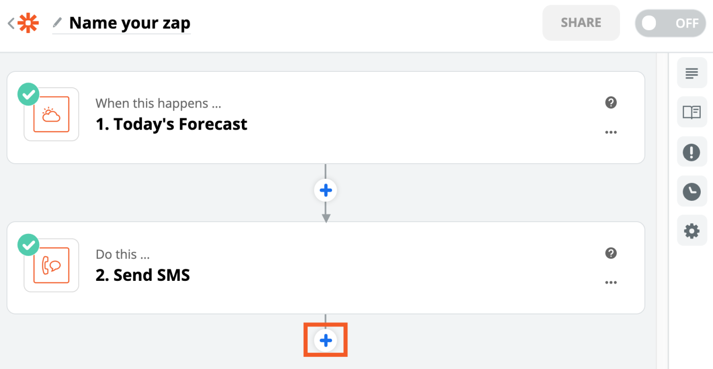 An image of a Zap in the Zapier editor. The text reads "Name your zap" and shows steps for "Today's forecast" and "Send SMS." There is an orange box around a plus icon.